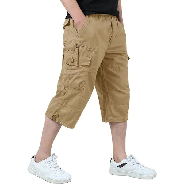 Miesten rento twill-kangasjoustava 3/4-pituinen cargo-shortsit löysä istuvuus monikäyttöiset capri-pitkät shortsit