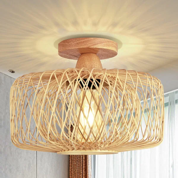 Vintage bambu kattolamppu - Retro bambu puu lampunvarjostin kattovalaisin E27 lampunpidike Boho rottinkivalaisin Ø30cm riippuvalaisin
