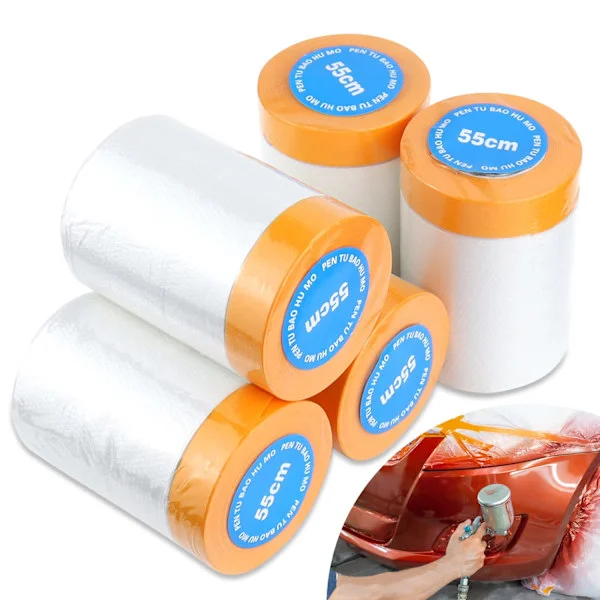 (SC) Maskeringstape med plastfilm for maling, beskyttelsespresenning 55cm*20M Gjennomsiktig maskeringstape med teip for møbelbeskyttelse (5