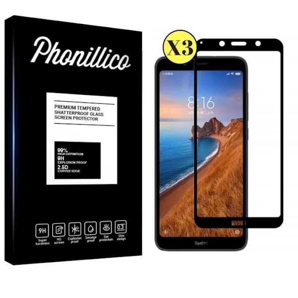 Härdat glas för Xiaomi REDMI 7A [Pack 3] Transparent helfilm med svart kant Skärmskydd [Phonillico ]