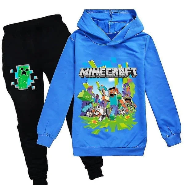 Minecraft Träningsdräkt med Hoodie Barn Unisex Sport Hoodie Byxor Set Blå