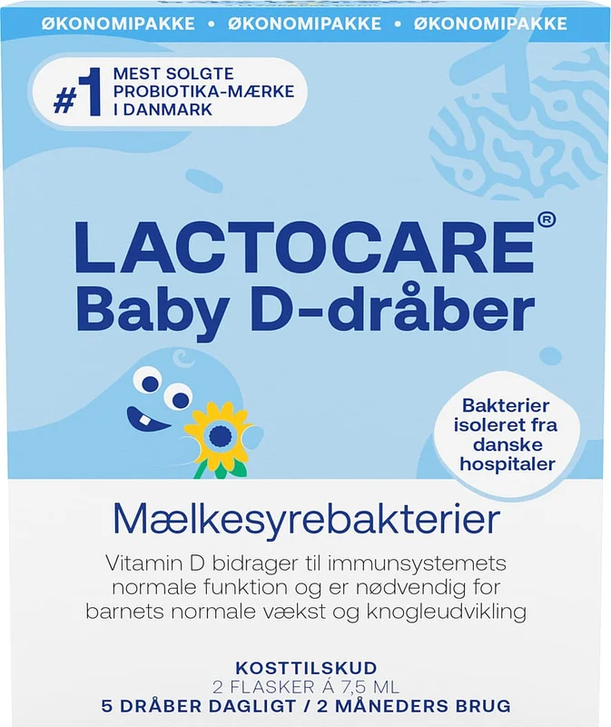 Lactocare Baby D-dråber med Mælkesyrebakterier 2 x 7,5 ml, Helse & Madvarer, Børnevitaminer, D-vitamin Til Børn