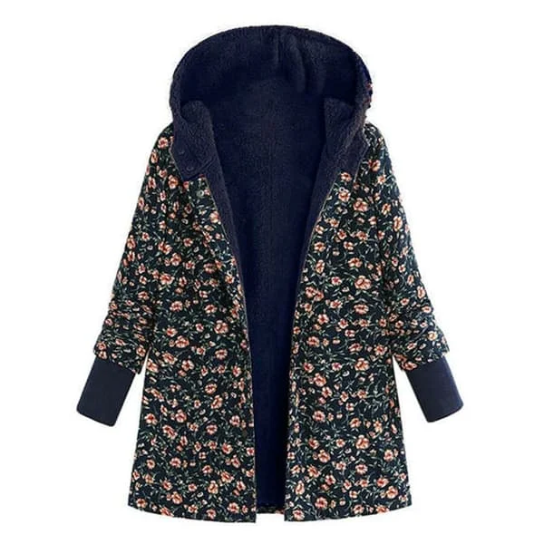 Grunnleggende jakker Vintervarme hettegensere Vintage blomstermønster fløyelsmyke jakker med lommer Langermet uformell Plus Size Marineblå 4XL