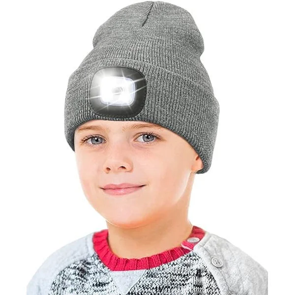 Mössa med LED-lampa för barn, USB-uppladdningsbar handsfree LED-pannlampa Vinterstickad nattlampa Mössa Ficklampa Grå