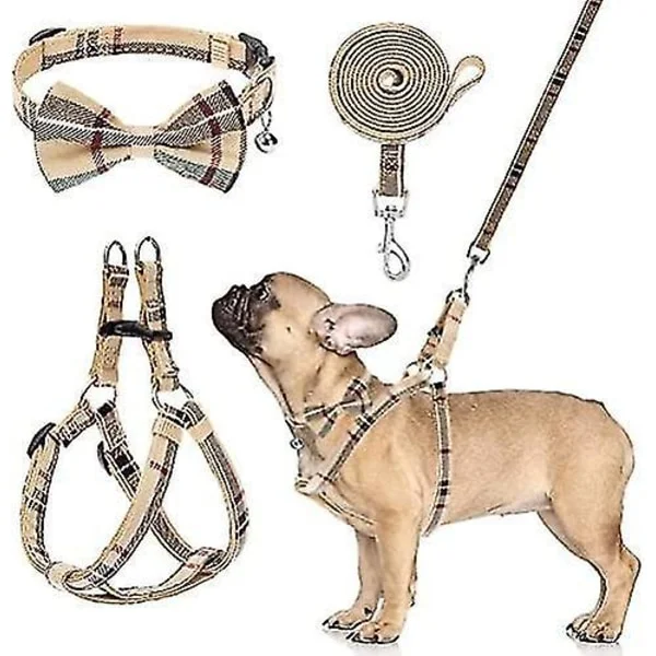 Hundsele med koppel och fluga krage set - Beige rutig valpsele, rymningssäker justerbar N