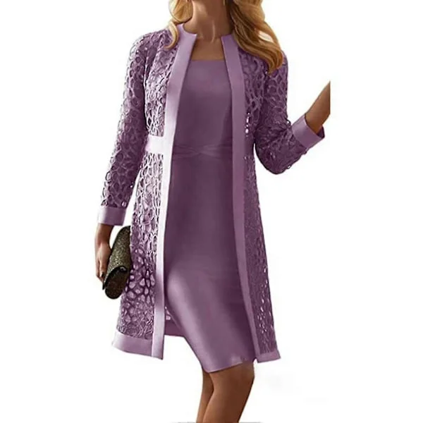【BQ】Fianao Women's Solid Color Lace Cardigan Long Sleeve Knee Length Dress Coat Set for Office Purple
