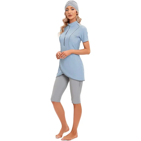 Kvinners Modest Badetøy Islamsk Muslimsk Badedrakt Kortskjorte Glidelås foran Topp Shorts Bukser Hijab 3stk Svømmedrakt S-4xl Xinmu -a