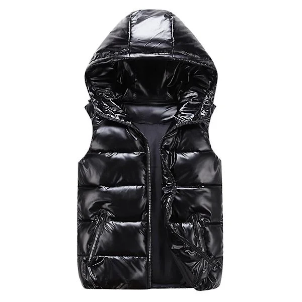 Sliktaa Unisex Shiny Waterproof Sleeveless Jacket Lightweight Puffer Vest Black