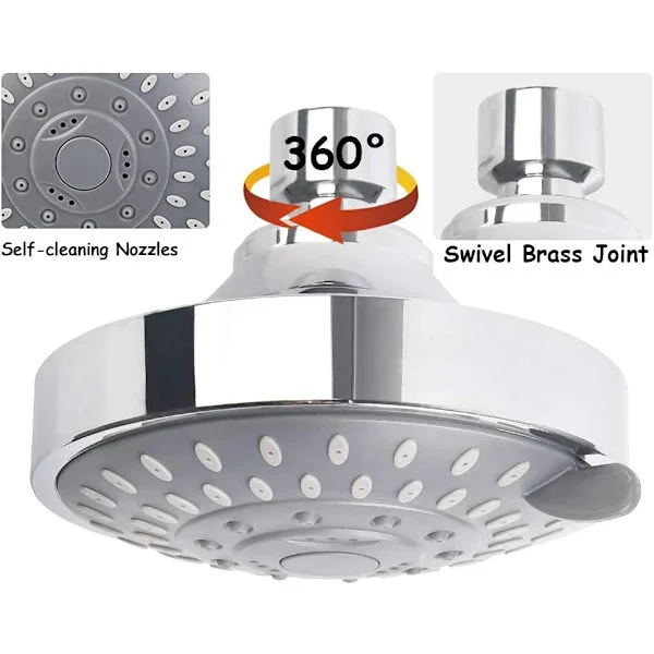 4-inch Shower Head Rainfall High Pressure Fixed Showerheads, 5 Spray Settings with Adjustable Metal Ball Joint, Round Replacement Shower