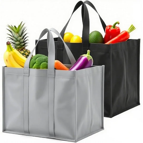 Set med 2 XXL shoppingväskor, 41x33x25cm återanvändbara shoppingväskor och kassar med handtag (grå + svart)