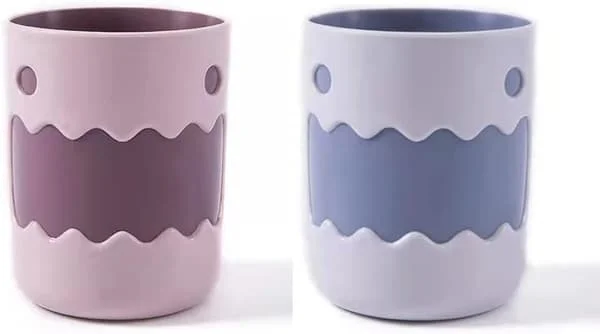 Tofarget tannbørstekopp, tegneserie lite monster mønster (rosa, lilla og gråhvit)