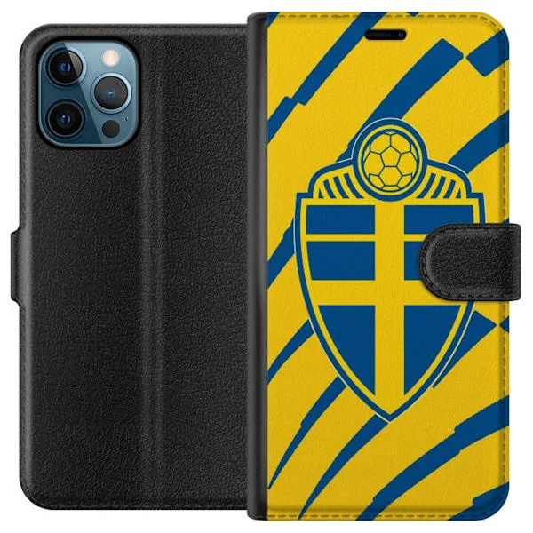 Kompatibelt Plånboksfodral till Apple iPhone 12 Pro Max Gul och blå sköld med fotboll och VM 2026-tema som hyllar Sverige och den internationella fot