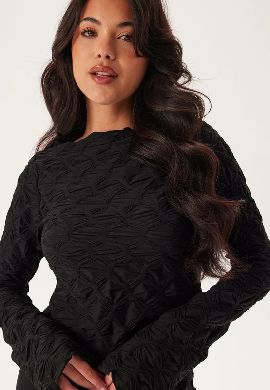 BUBBLEROOM-Structure Long Sleeve Top-Black