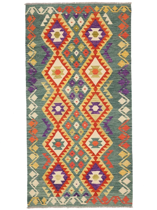 Orientale Kilim Afghan Old Style Tappeto 103X199 Verde Scuro/Rosso Scuro Lana