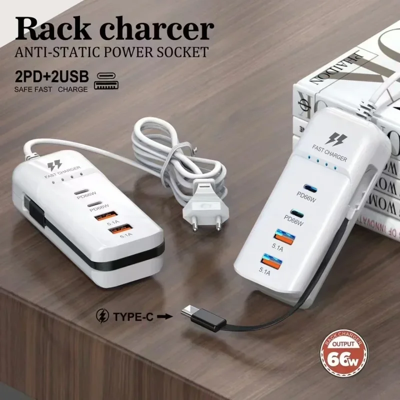 AliExpress - 66 W 4-Port PD USB Schnelllade-Wandladegeräte Steckdose USB-Hub-Adapter USB Typ C EU US UK Stecker mit Verlängerungstyp-C-Kabel