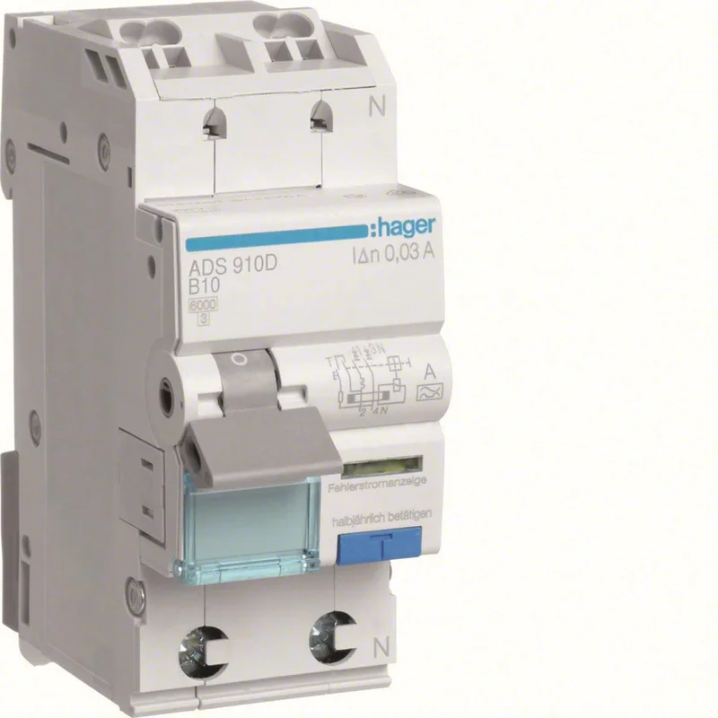Hager ACS916D Personskyddsautomat 1-pol, B, 16 A, 10 mA, Anslutningsdon & kablar