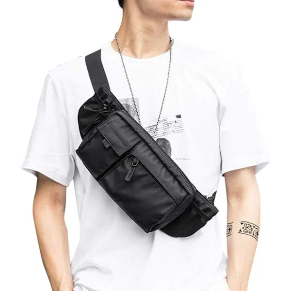 Waterproof Black Waist Bag for Men and Women, Hip Belt with Adjustable Strap, Lightweight Fanny Pack for Gym, Workout, Travel, Work