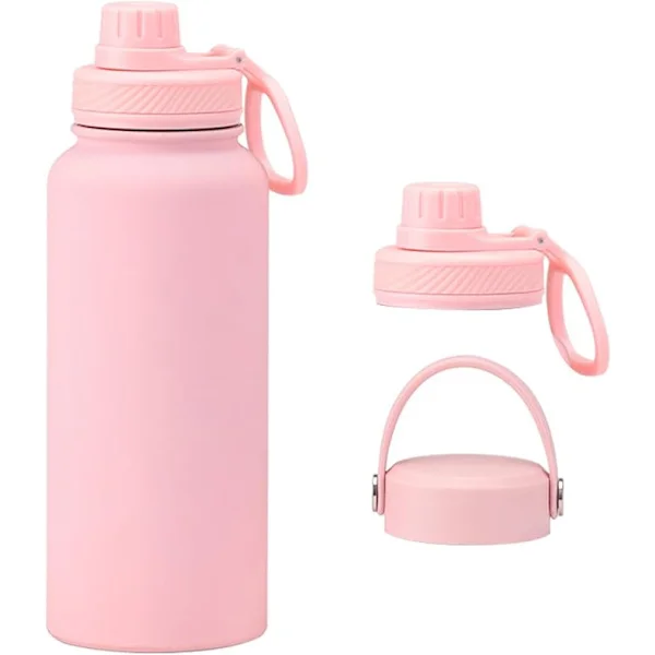 32 oz isolert vannflaske, stor kapasitet 1 liter vannflaske i rustfritt stål med 2 lokk Rosa