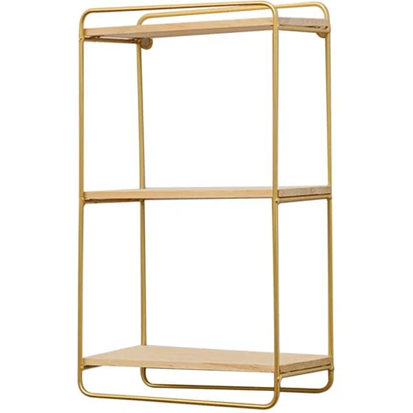 Wall Mounted Shelf 3-Tier Wood Hanging Storage Shelves with Floating Metal Shelves for Bedroom Office B