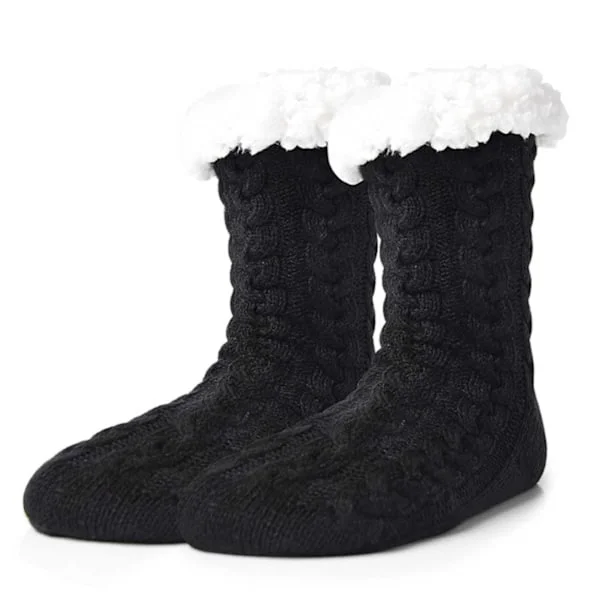 Lurviga Varma Stickade Sockor Tofflor med Halkskydd Svart