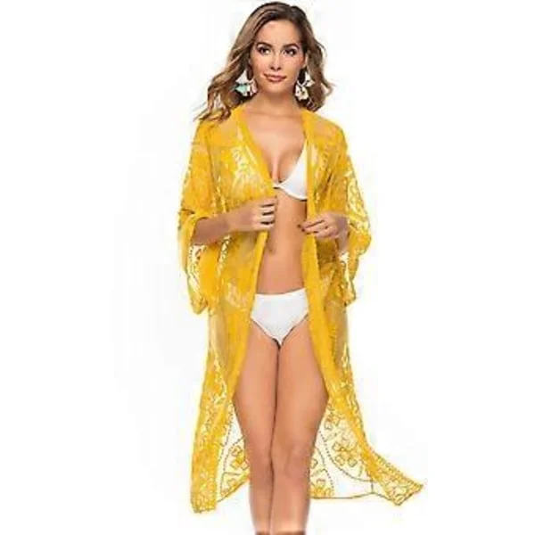 Dame Bikini Cardigan Lang Strand Overtræk Bikini Strand Cardigan Blonde Hvidt Strand Overtræk (multi valgfri) (gul)