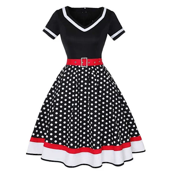 Vintage 50-tals 60-tals Dam Vintage Festklänning Med Bälte Prickigt Tryck Kortärmad Hepburn Klänning Pin Up Rockabilly Klänningar