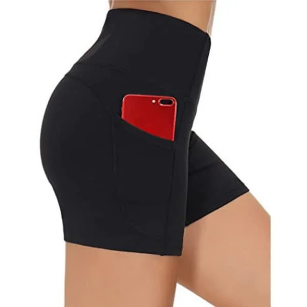 Høy midje yogashorts for kvinner Mage Gym Trening Løpeshorts med dype lommer - S, Svart