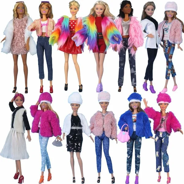 13 deler 30cm Barbie dukkeklær fasjonabel pels vinterkåpe sett