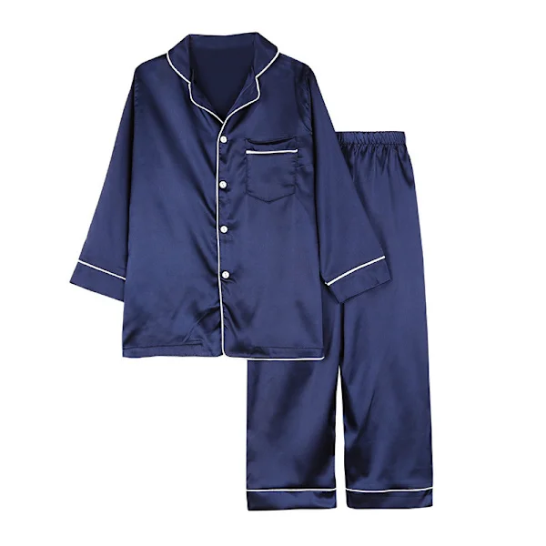 Pyjamas Langærmet Sæt til Børn, Knap-op Silke Pyjamas Natøj Sæt Blå