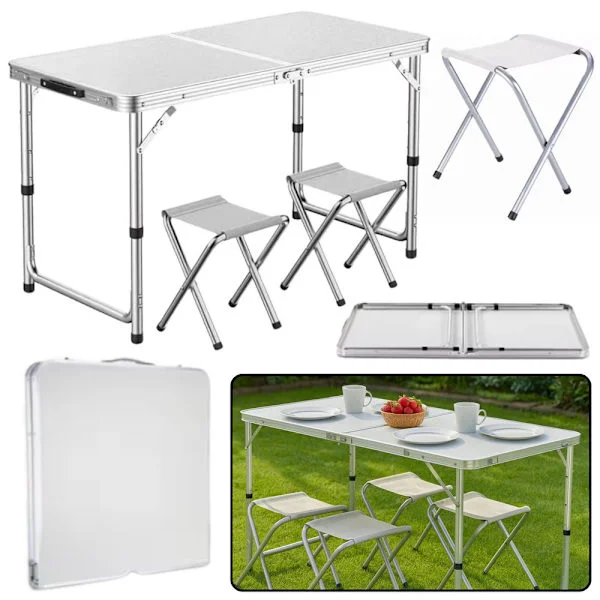 Hopfällbart campingbord med 4 stolar 120x60 cm aluminium/MDF vit