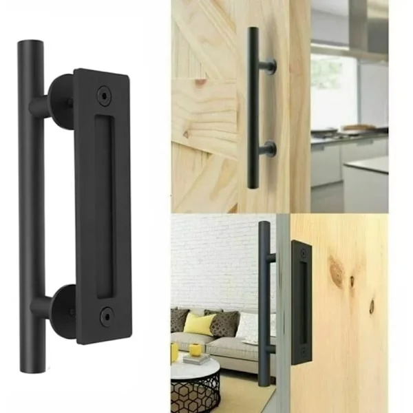 Retro Sliding Door Handle, Black Aluminum, Pull and Flush, Handle Set for Wooden Sliding Doors, 30cm