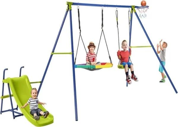 Utegunga med Rutschkana COSTWAY - Rund Fågelbo Gunga Ø82CM, Babysäte, Basketkorg - Metall 3-12 år - 200kg