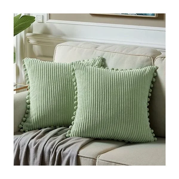 2-piece sofa cushion cover 45 x 45 cm, elegant Christmas pillow with pom-poms, decorative pillows for double bed, without filling baby green