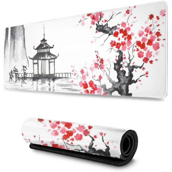 【DENGTU】Gaming Mouse Pad XL Japanese Painting Cherry Blossom Extended Large Mouse Mat Long Desk Pad with Stitched Edges 800x300x2mm