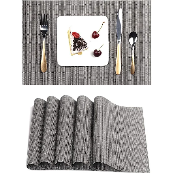 Placemat Set of 6, Non-Slip Heat Resistant Washable Woven PVC Table Mats for Kitchen Dining Table, 18x12 Inch Dark Grey