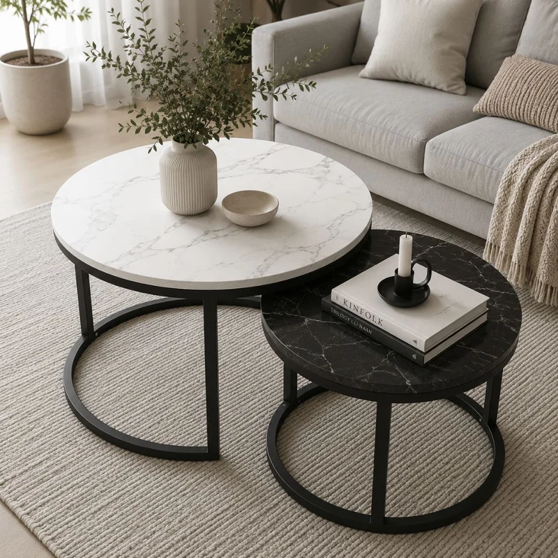 Elegant sett med to runde salongbord - Hvit/Svart