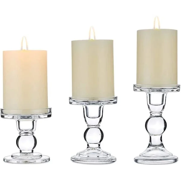 Set of 3 Clear Glass Candle Holders for Pillar and Taper Candles 75mm, for Candlesticks
