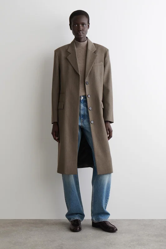 COS Women's Single Breasted Wool Blend Long Coat in Brown