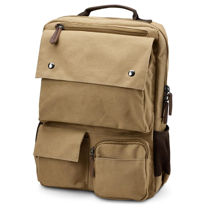 Mochila compacta de lona amarillo mostaza y cuero marrón para hombres - Mochilas