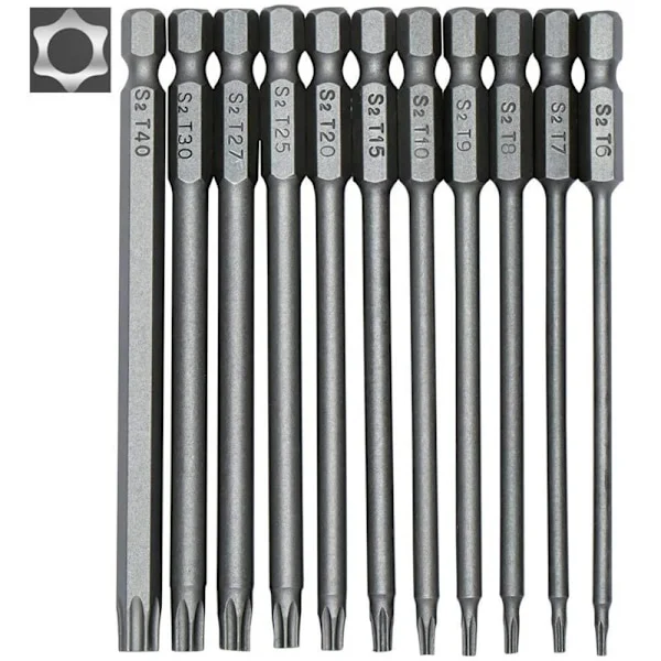 Sats med 11 långa Torx-bits för skruvdragare och elektriska skruvdragare - Magnetiska bits - 1/4" sexkantsskaft - Storlekar T6 till T40 - Längd 100 mm