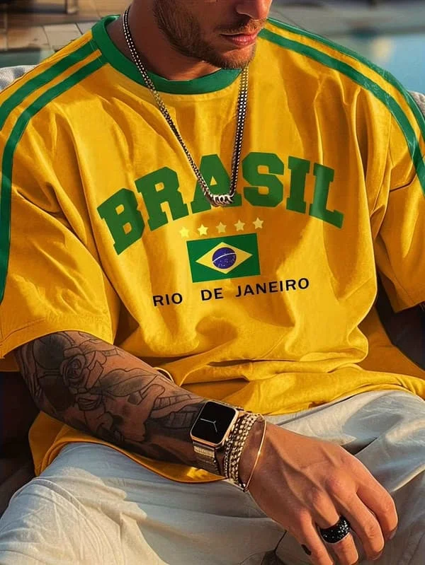 Kesä 2025 Uusi viiden tähden Brasil Print T-paita miehille Lyhythihaiset O-kaula-paidat Vintage Casual Sports Mesh Jersey Oversize Topit