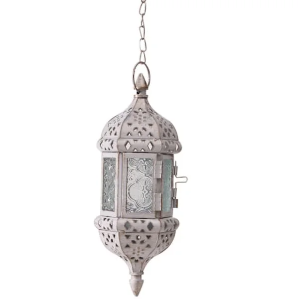 Marockansk smideslykta Hängande ljusstake Metall Ljusstake Glas Inomhus Utomhus Batteridriven LED Flamfri med 34 cm kedja Vit