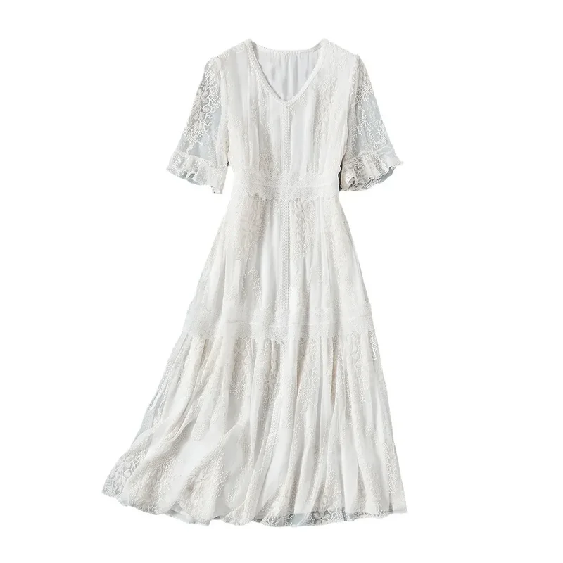 AliExpress - Winsleter-Damen-Kleid aus 100 % echter Seide, elegantes Kleid, V-Ausschnitt, kurze Ärmel, Stickerei, französische Feenkleider, 2025, 