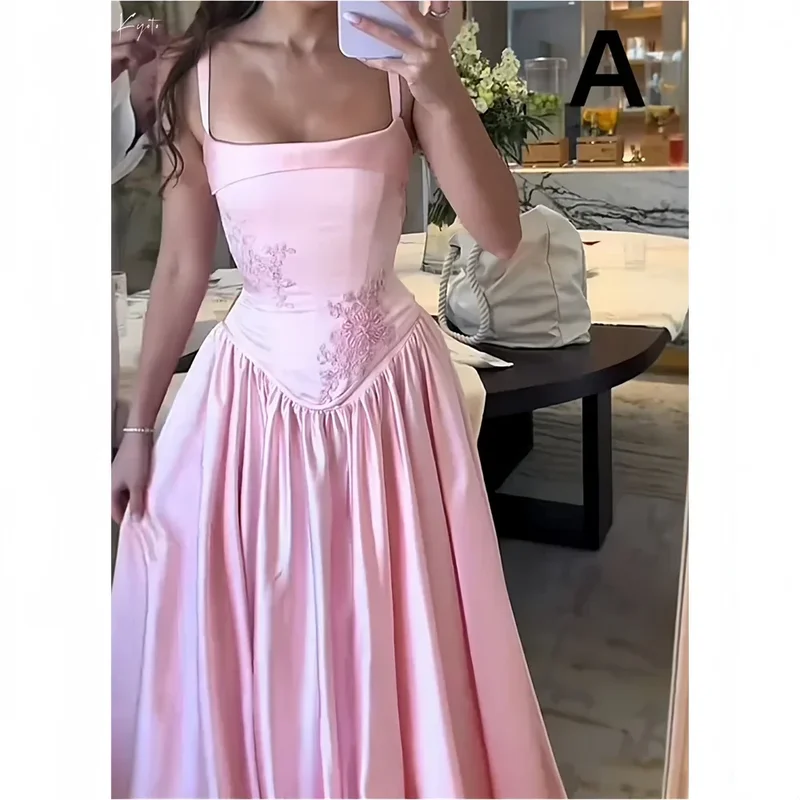 AliExpress - Passen Sie Brautjungfernkleider mit rosa Blumenstickerei, Spaghettiträger, Falten, Robe Mariage Invité, Schnürkleid für Hochzeitsgäste an