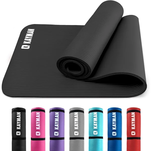 Yogamatte – Flerbruks Ekstra Tykke Treningsmatter i Skum – Ideell Gulvmatte for Pilates, Tøying, Styrketrening & Terapi – 183 x 60 cm (Svart)