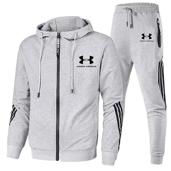 Herre Under Armour Sport Hættetrøje & Bukser Sæt Langærmet Fuld Lynlås Hoodie Sweatshirt Jakke + Joggingbukser Træningsbukser Outfit Grå Grey-FA15-
