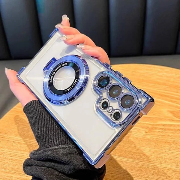 Samsung S21 Mobilskal, Elektropläterat Transparent, Fyrhörns Airbag Fallskydd Mobilskal med Magnetiskt Stativ, Mjukt Skal