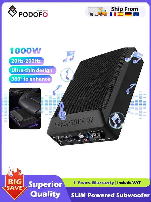 AliExpress - Podofo Schlanker Aktiv-Subwoofer für unter den Autositz mit Audio-Kabel und Verstärker-Kit, 1 Set