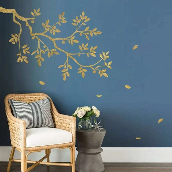 Decorative Wall Stickers with Tree Branches, Golden Leaves, Wall Decoration for Living Room, Bedroom, Kitchen