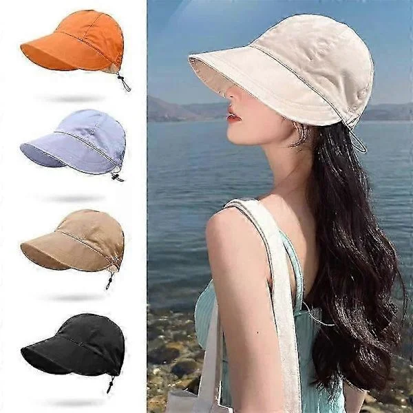[RM] Women's Summer Hat, Wide Brim, Foldable Sun Hat, Anti-UV Beach Visor, Beige